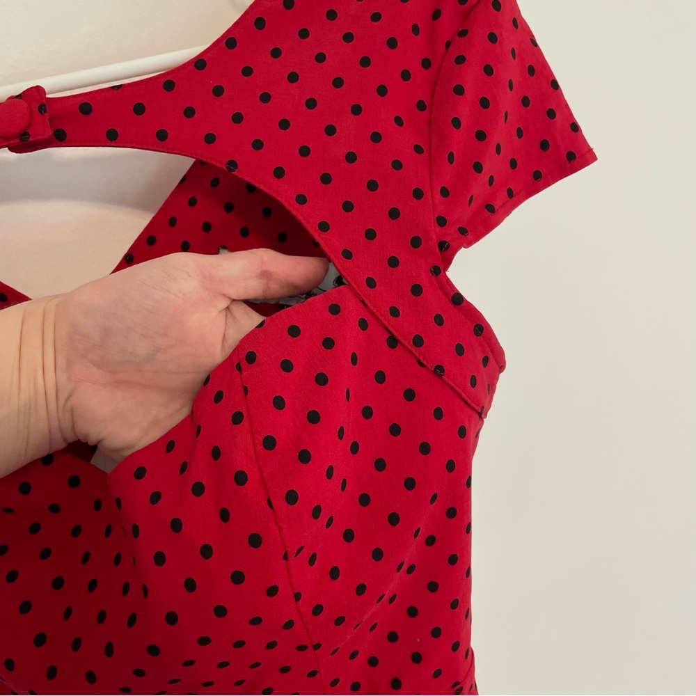 HELL BUNNY VIXEN Sandy Pencil Dress Red Polka Dot Retro Rockabilly Pinup US M 10 - Picture 8 of 16
